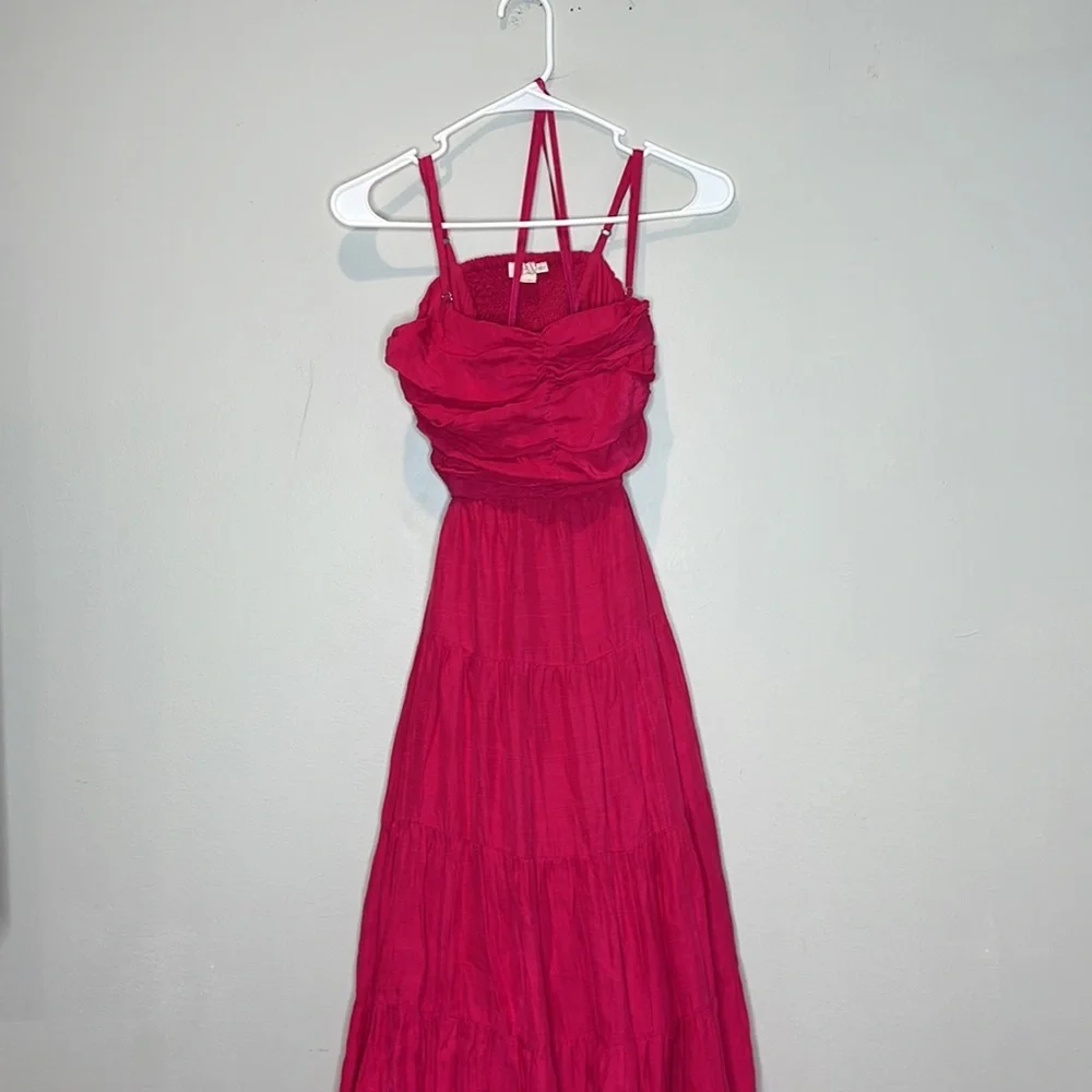 Anthropologie Let Me Be Cutout Tiered Dress‎ Open Back Maxi Hot Pink Extra-Small